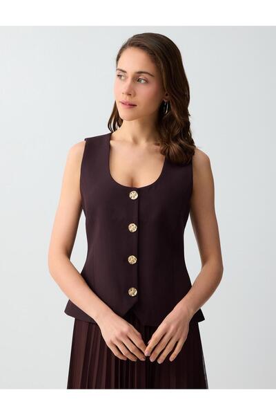 Jimmy Key Acı Kahve Düz Kesim Düğme Detaylı Dokuma Yelek