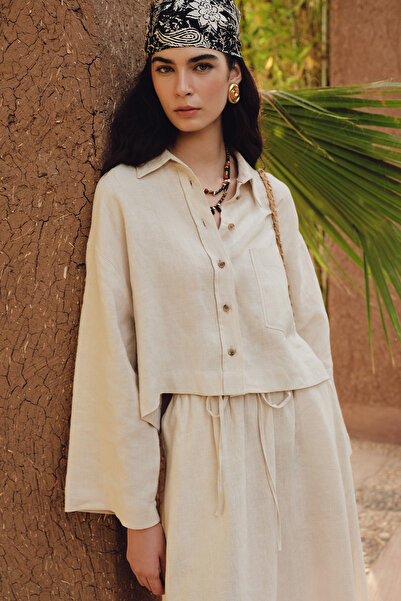 Manuka Μπεζ λινό Crop πουκάμισο - Μακρυμάνικο