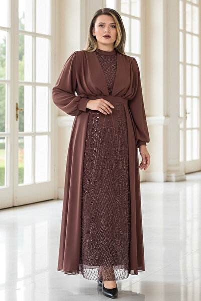 SUBU TASARIM Βραδινό φόρεμα από σιφόν με λεπτομέρεια ροζ αποξηραμένο TBS954