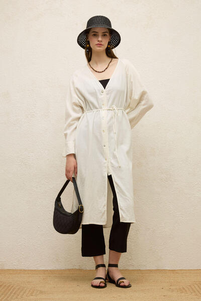 Manuka Εκρού Χρώμα Βαμβακερό Μακρύ Τούνικ - Με Λεπτομέρεια Γραβάτας