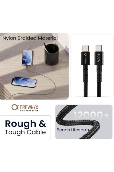 CROWNYX CCC240 Type C to Type C Braided Cord Cable 2M 100W PD Fast Charging Cable