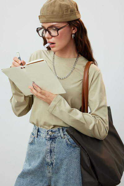 Manuka Βαμβακερό μακρυμάνικο μπλουζάκι - πέτρα