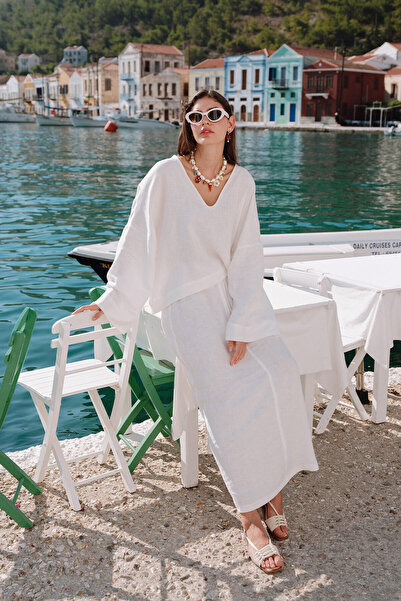 Manuka Spódnica lniana w kolorze ecru - wzór ze sznurowaniem