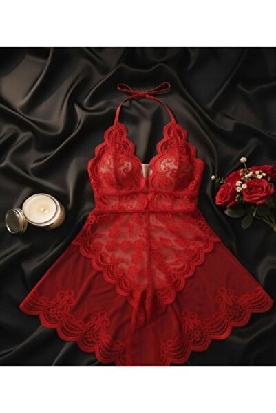VALSIGNAD Γυναικείο Ρομαντικό Κόκκινο Δαντελένιο Κομψό Σετ Νυχτικό