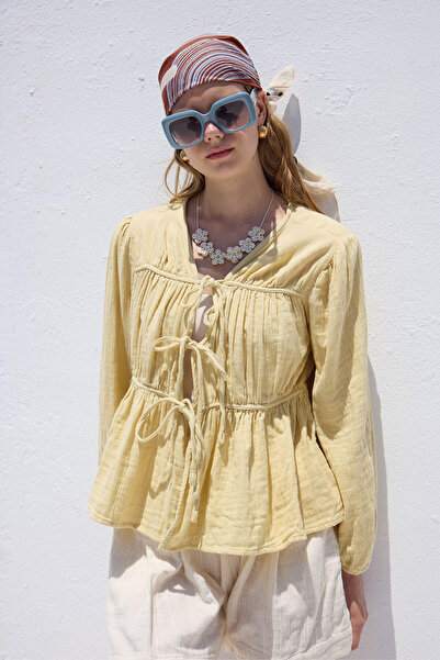 Manuka Soft Yellow Muslin Blouse - with Tie Detail