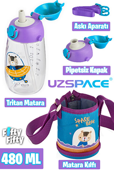 Uzspace 480ml Tritan Children's Water Bottle with Case and 2 Separate Lids - ...