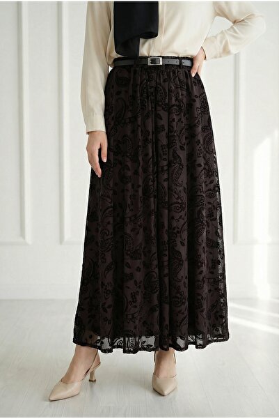 MİHRA STORE Φούστα με σχέδιο σάλι και ζώνη Şahabe-EK752.3 Καφέ