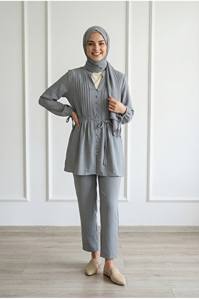 MİHRA STORE Tiredra Nervür Λεπτομερής Στολή με Ραφές-EU2800-MF563 Γκρι