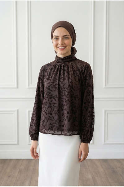 MİHRA STORE Μπλούζα με ροζ πλισέ μπροστινό μέρος και τραγανό σχέδιο - EK783 Καφέ