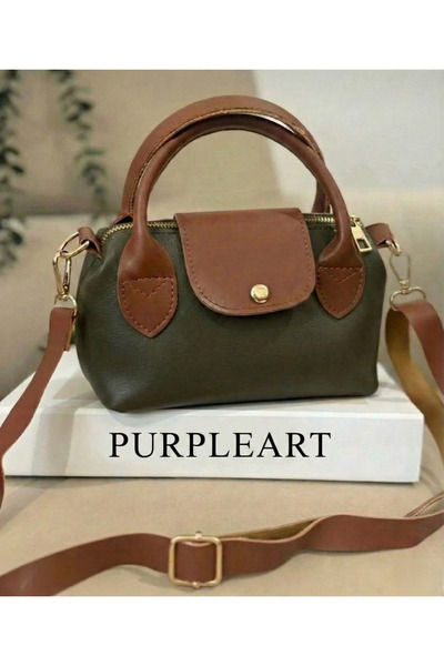 PurpleART Kadın Haki Yeşil ve Taba Detaylı Çift Renkli Minimal Omuz ve Çapraz...