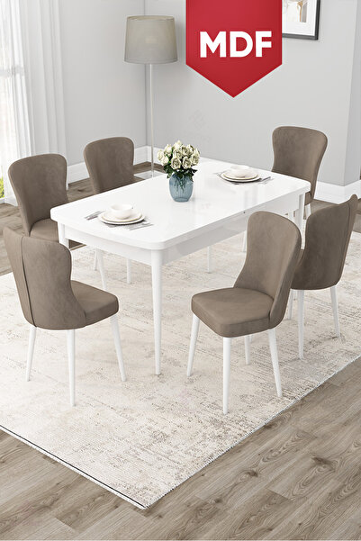 Canisa Due Serisi 80x132 MDF Açılabilir Beyaz Yemek Odası Takımı Ve 6 Cappuci...