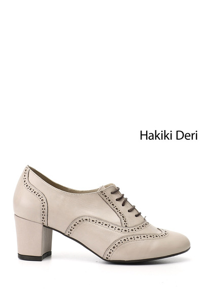 GÖNDERİ(R) Kadın Bej Antik Bağcıklı Kalın Topuklu Hakiki Deri Oxford Ayakkabı