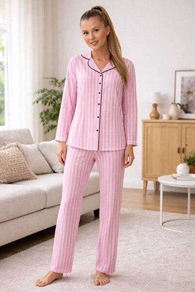 NOCHES PYJAMAS طقم بيجامة نسائي من القطن الممشط بياقة قميص وخطوط وردية ورمادي...