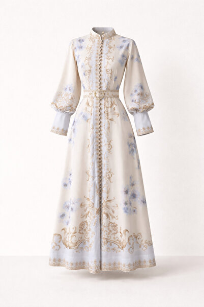 Julidress Μπλε Μπεζ Φόρεμα από λινό με ψηλό γιακά και κουμπιά σε όλο το μήκος...