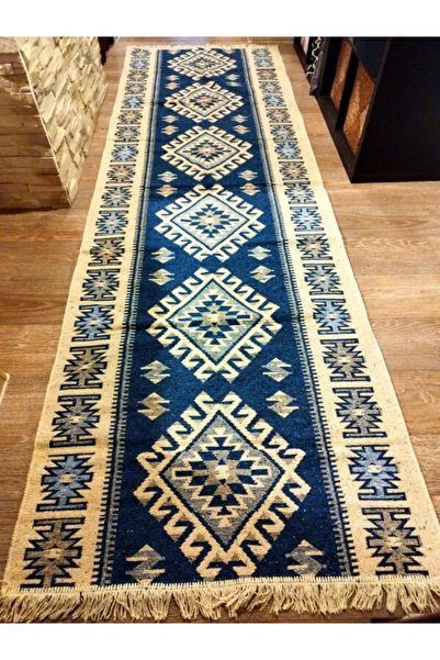 OEM Traditional rug, size 80 x 300 cm, blue and cream, ROMB pattern