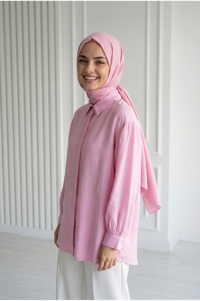 MİHRA STORE Πουκάμισο Nurcan Cupra με κρυφό μανίκι και κορδόνι - NA771 Ροζ