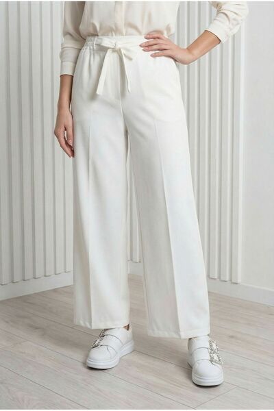 MİHRA STORE Παντελόνι Asu Belted Wide Leg-MT1445 Λευκό