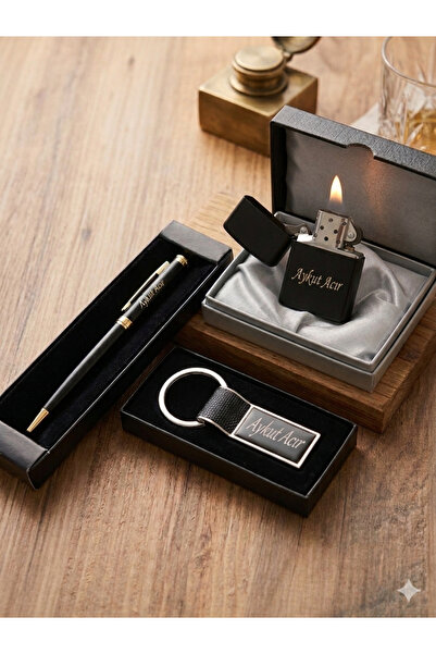 adesushoes Kişiye Özel İsimli Kutulu Çakmak,Anahtarlık ve Kalem Seti