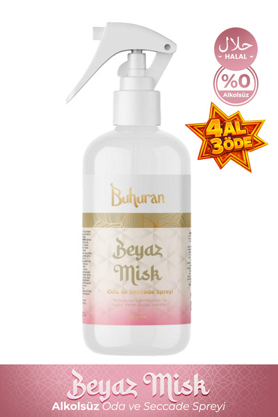 Buhuran Beyaz Misk Oda ve Seccade Spreyi Alkol İçermeyen Helal Sertifikalı Sa...