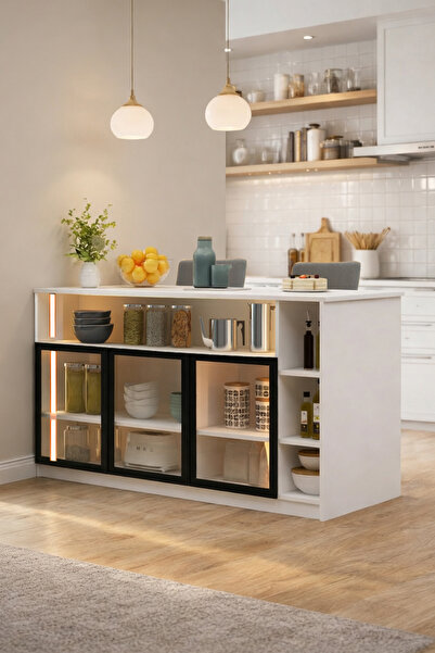 Avmpark Stars Mutfak Adası Led Işıklı Bar Masası Temperli Cam Kapaklı Raflı Ç...