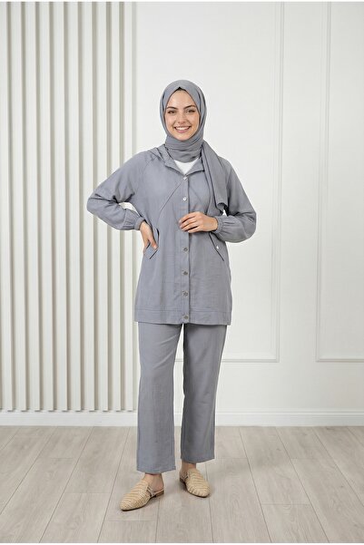 MİHRA STORE Σετ με κουκούλα Alkım Strawberry με κάλυμμα τσέπης-NA3387 Γκρι