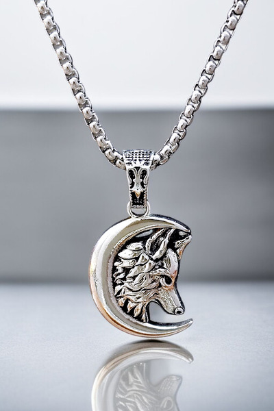 Men's Symbol of Turkishness K-103 Stainless Kromix Steel Silver Plated Necklace with Grizzly Wolf Figure in Crescent