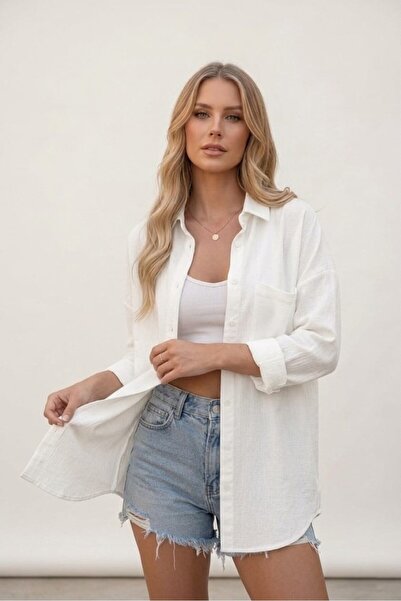 Modabenna Λευκό oversized Καλοκαιρινό Βαμβάκι Λινό Πουκάμισο Με τσέπες Trend ...