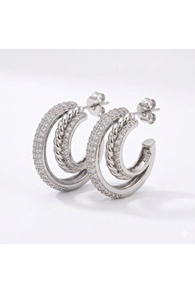 Siya Silver Zircon Stone Three Row Design Hoop Earrings