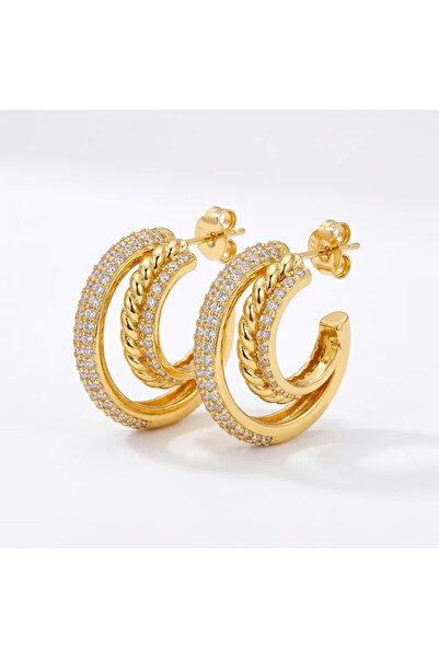 Siya Silver Zircon Stone Three Row Design Hoop Earrings