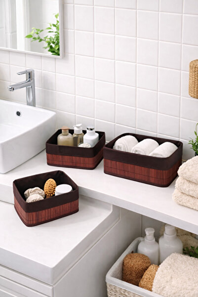 NEWNOW Σετ 3 διακοσμητικών καλαθιών από μπαμπού σε σκούρο καφέ χρώμα |   Οργα...