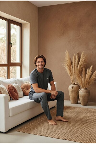 LİLA İÇ GİYİM Ανδρικό καρό χτενισμένο βαμβακερό κοντομάνικο σετ πιτζάμες