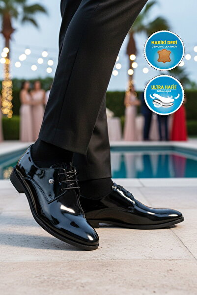 Pierre Cardin Klassische Herrenschuhe aus schwarzem Lackleder und echtem Lede...