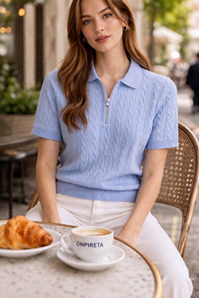 MADAM PARS Γυναικείο μπλουζάκι πλεκτό με μαύρο σχέδιο, λαιμόκοψη πόλο και κον...