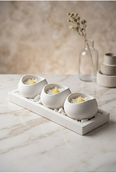 DAY HOME Dekoratif Tabaklı 3'lü Büyük Boy Mumluk Seti