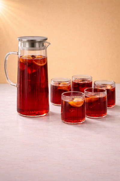 Maloria 7 Parça Çizgili Cam Su Takımı Seti | Sürahi 1.5lt ve Borosilikat Bard...