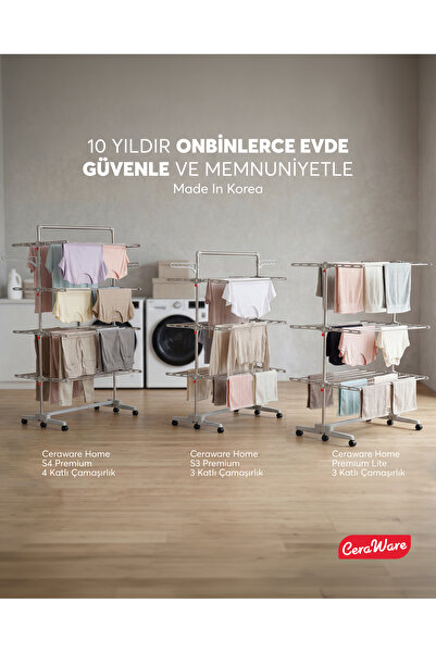 Ceraware Home Lite Premium 3 Katlı Çamaşırlık Made in Korea Tekerlekli Çamaşır Kurutmalık Eco Gri