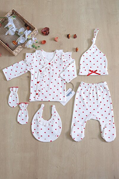 Sitilin Kız Bebek Beyaz Kalpli Lüks Süslü 5 Li Hastane Çıkışı Yenidoğan Set S...