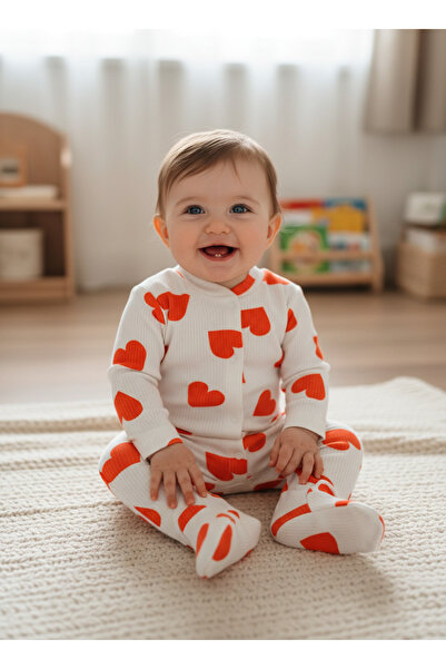 minço bebe Yenidoğan Kalp Baskılı Çıtçıtlı Kız Erkek Patikli Beyaz Bebek Tulu...