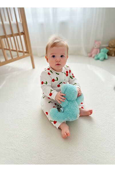 minço bebe Kız Bebek Kiraz Baskılı Çıtçıtlı Patiksiz Tulum %100 Pamuk Esnek