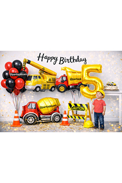 PARTİ AŞKI 5 Yaş İnşaat Arabaları Makinaları Temalı 6'lı Balon Seti&Erkek Çoc...