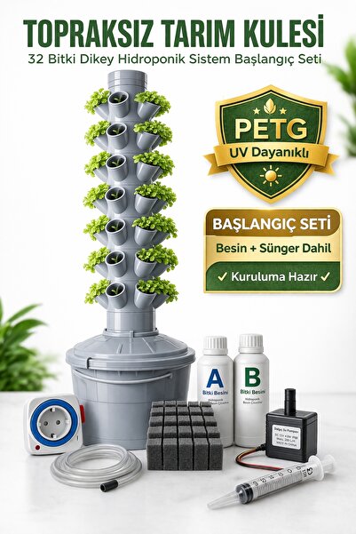 MAXIFARMTR 32 Bitki Hidroponik Topraksız Tarım Kulesi Başlangıç Seti (A+B Bes...