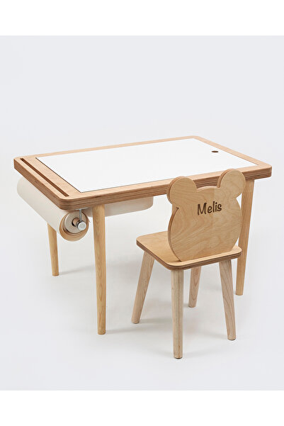 Muyuru Montessori Çocuk Aktivite Masası Huş Ahşap 2 Sepetli Beyaz/Kara Yazı T...