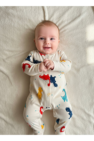 minço bebe Erkek Bebek Tulum %100 Pamuk Dinozor Baskılı Çıtçıtlı Patikli Esne...