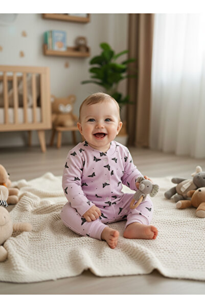 minço bebe Kız Bebek Kelebek Baskılı Çıtçıtlı Patiksiz Mor Tulum %100 Pamuk E...