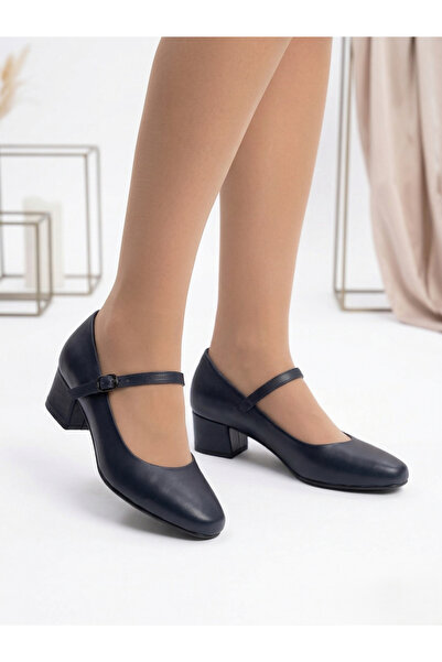 Luges Hakiki Deri Lacivert Kare Burun Tek Bantlı Rahat Düşük Topuklu Ayakkabı...