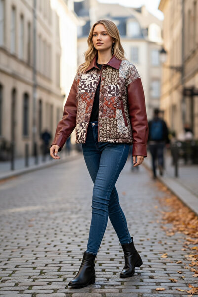 Noir Femme Patchwork Desenli Deri Ceket