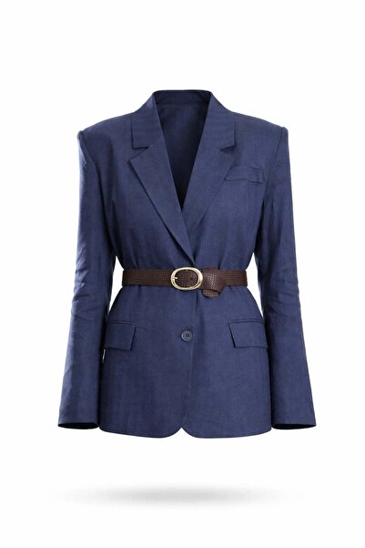 5in1Canpolat Navy Blue Belted Jacket with Side Slits 17533