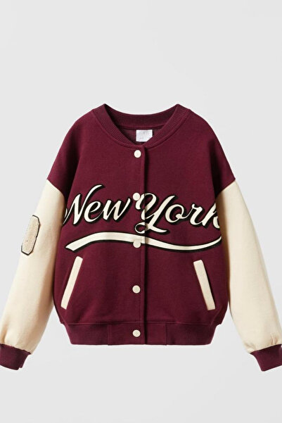 Zuma Kids Unisex Çocuk Bordo Kolej Ceket Baskılı Varsity Ceket Düğmeli Spor G...