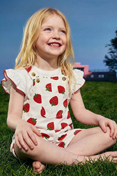 Zuma Kids Kız Çocuk Çilek Desenli Denim Salopet Tulum Tişörtlü Takım Yazlık P...