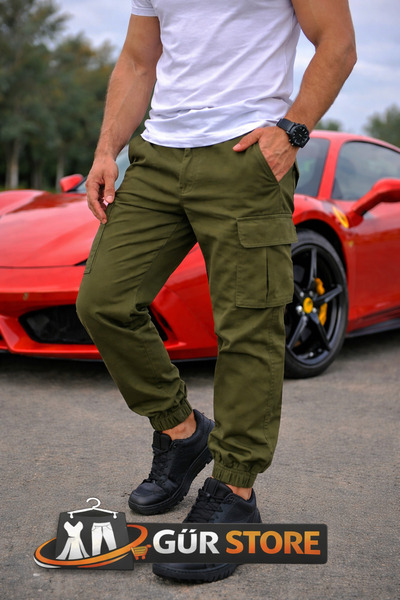 Gür Ανδρικό παντελόνι χακί Cargo με τσέπες και ελαστικό Lycra στη μέση